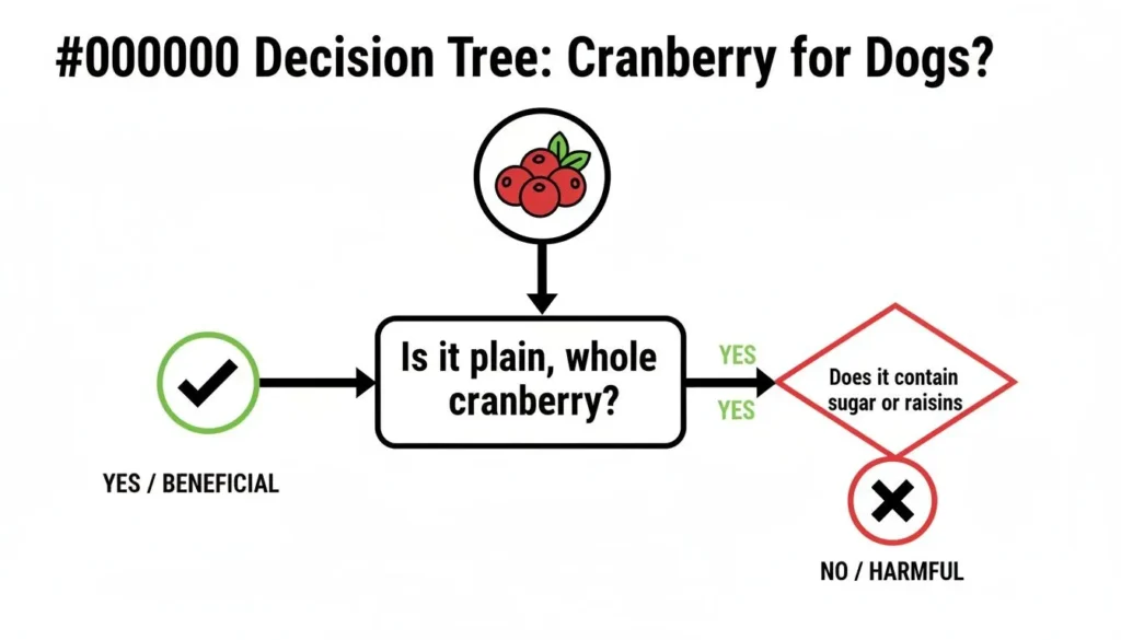 Decision tree infographic titled “Cranberry for Dogs?” explaining that plain, whole cranberries are beneficial, but cranberries with sugar or raisins are harmful.
