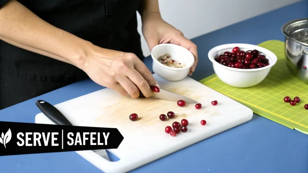 Person slicing fresh cranberries on a cutting board with bowls nearby and “Serve Safely” text overlay, illustrating proper preparation for dogs.