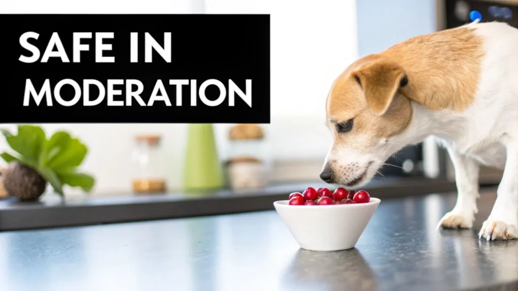 Dog sniffing a bowl of fresh cranberries on a kitchen counter with “Safe in Moderation” text overlay.