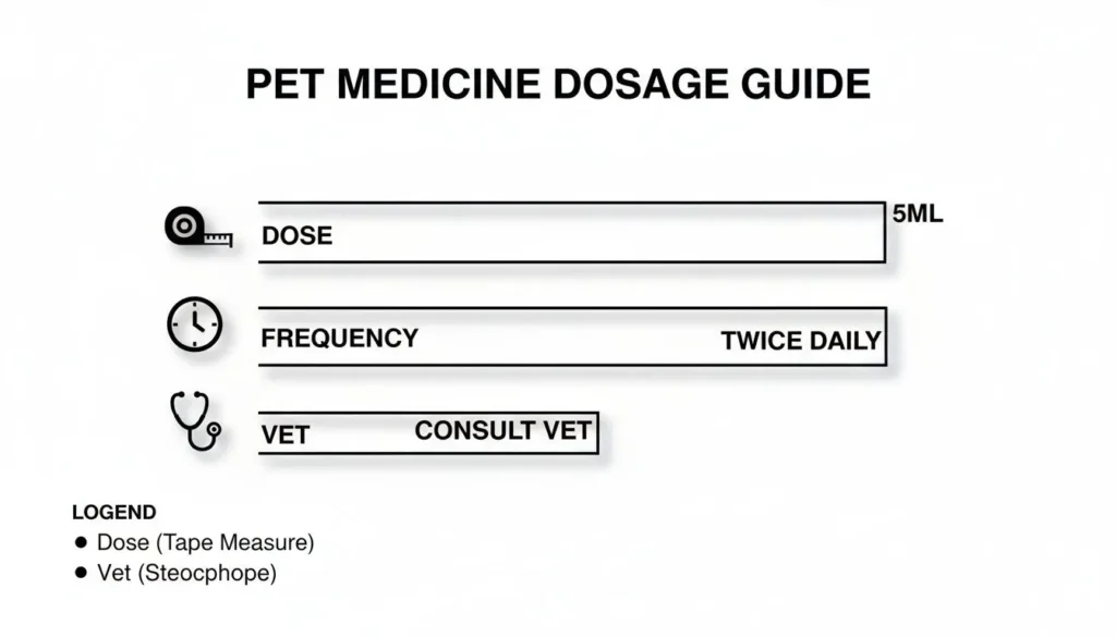 Infographic titled “Pet Medicine Dosage Guide” showing example dosage of 5 ml, frequency twice daily, and recommendation to consult a veterinarian.
