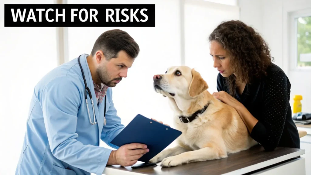 Veterinarian reviewing notes while examining a Labrador on a clinic table as the owner looks on, with “Watch for Risks” text overlay.