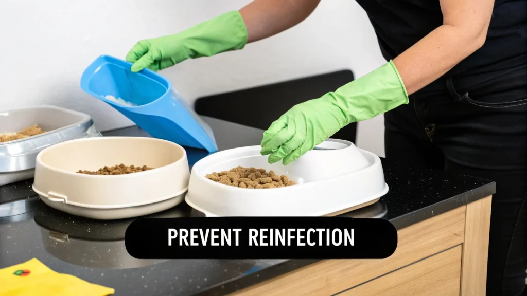 Person wearing green gloves cleaning and refilling cat food bowls with text “Prevent Reinfection,” illustrating hygiene and care to avoid coccidia reinfection in cats.