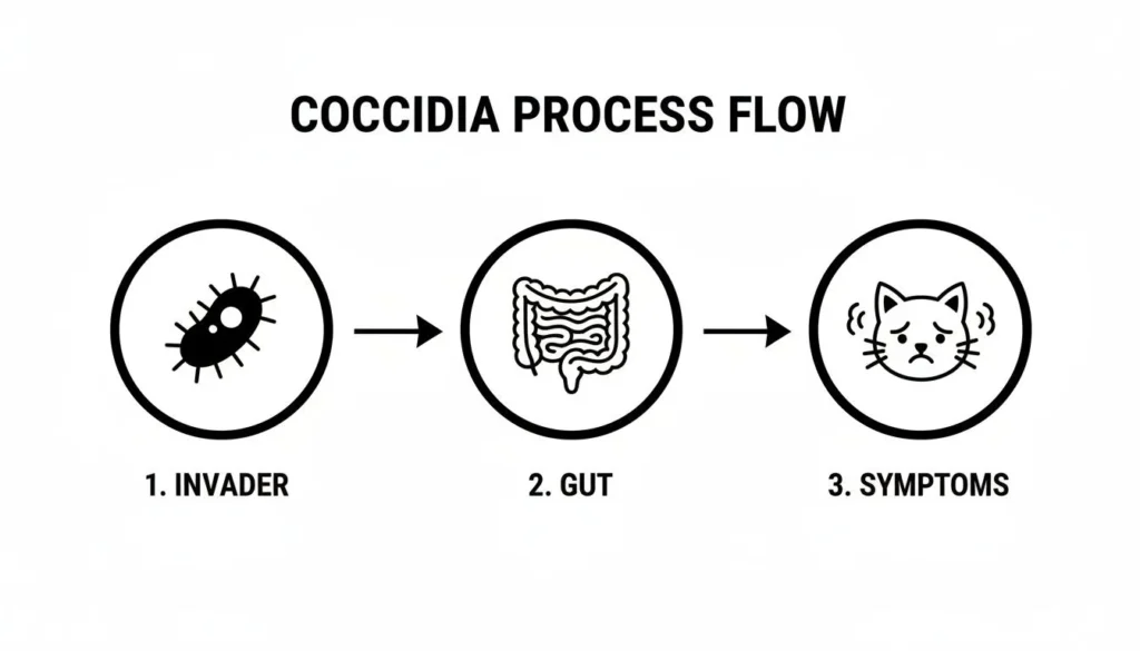 Infographic titled “Coccidia Process Flow” showing three stages: parasite invader, infection in the gut, and resulting symptoms in a cat.