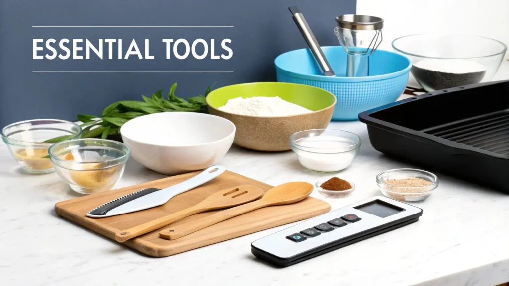Essential kitchen tools and baking equipment including mixing bowls, measuring ingredients, wooden spoons, zester, loaf pan, and digital thermometer arranged on a countertop.