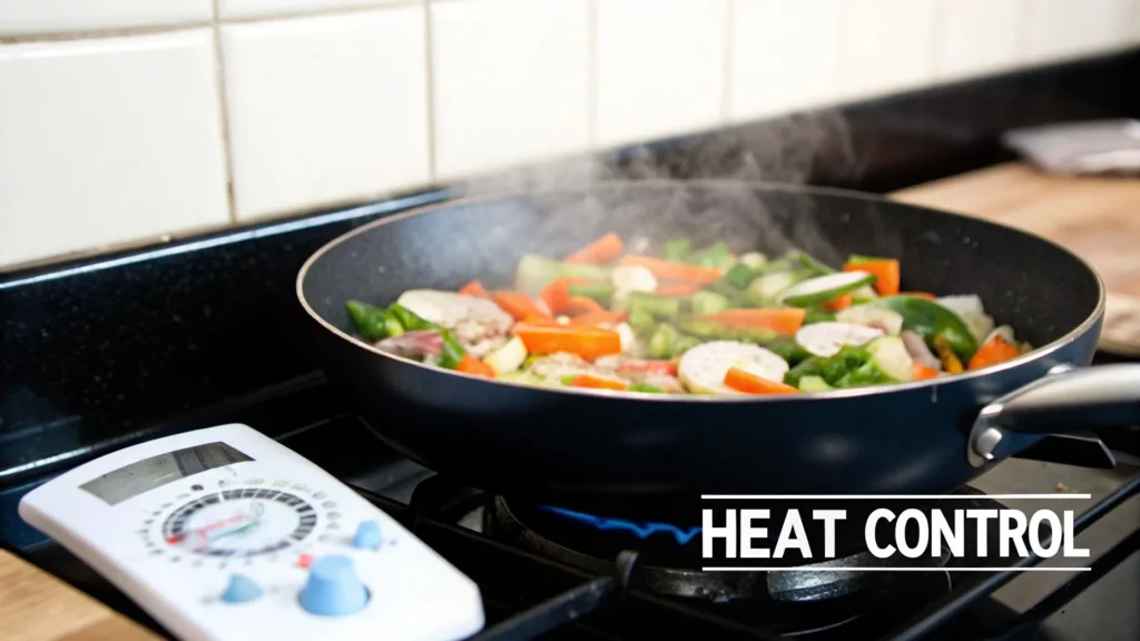 Nonstick frying pan with mixed vegetables cooking on a gas stove, steam rising, illustrating heat control and temperature management in home cooking.