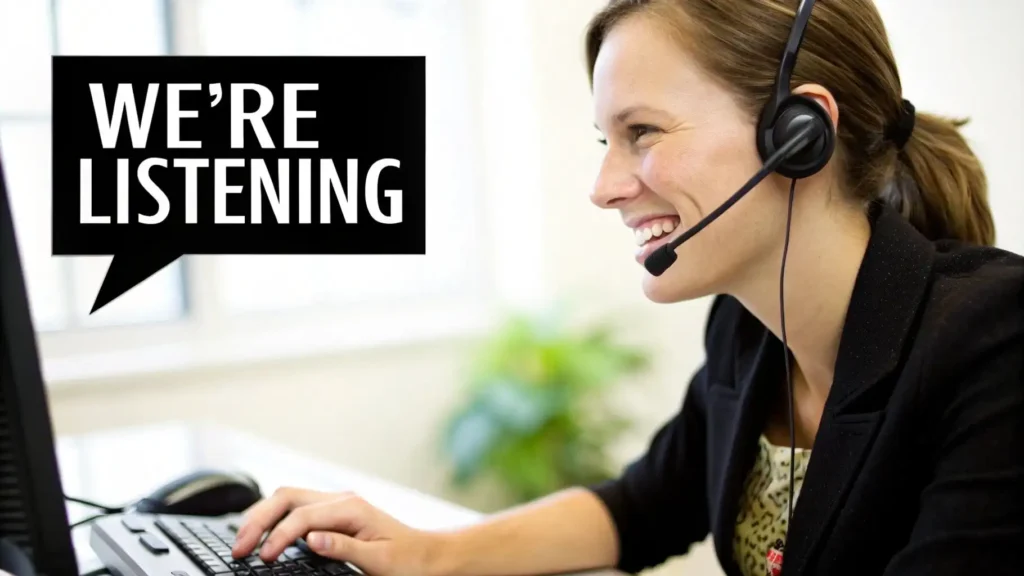10 Customer Service Best Practices to Elevate Your Brand in 2026 Smiling customer service representative wearing a headset at a computer with “We’re Listening” message, illustrating responsive customer support, active listening, help desk communication, and customer service best practices.