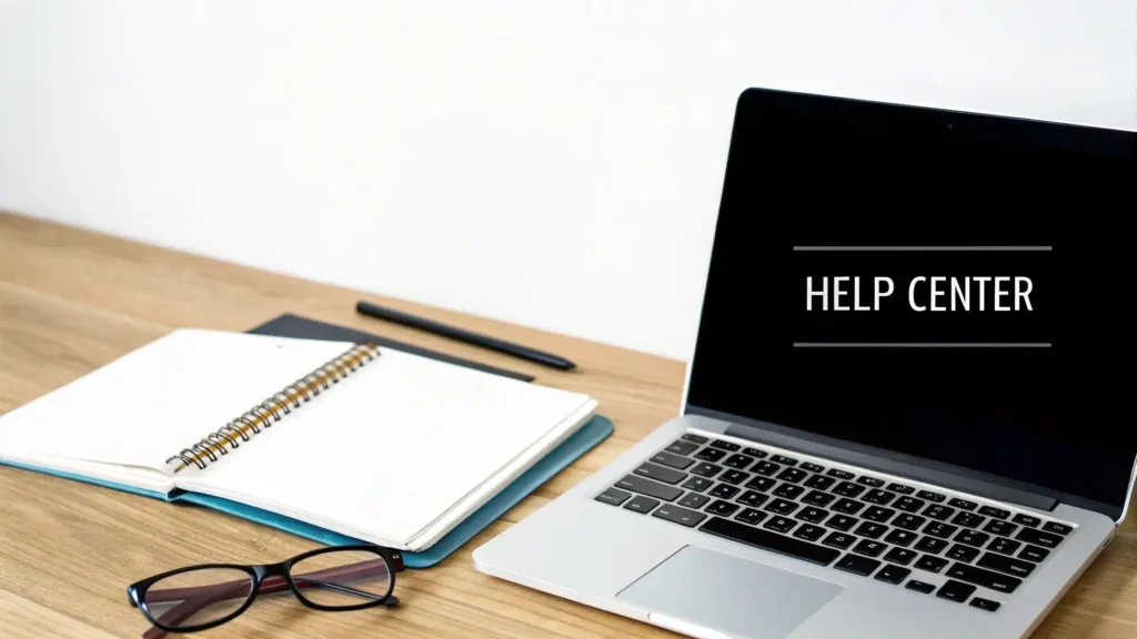 10 Customer Service Best Practices to Elevate Your Brand in 2026 Laptop displaying “Help Center” on screen with notebook, pen, and glasses on a desk, representing online customer support, help center resources, customer service best practices, and user assistance.