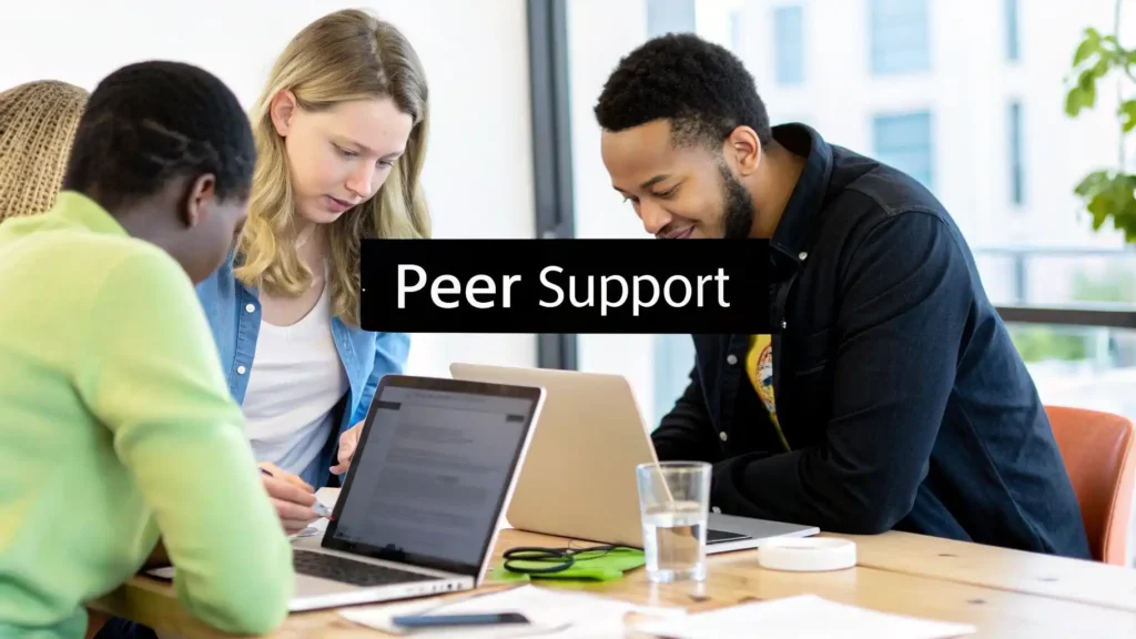 10 Customer Service Best Practices to Elevate Your Brand in 2026 Diverse group of coworkers collaborating around laptops at a table with “Peer Support” text, representing teamwork, peer support in the workplace, collaborative problem-solving, and customer service best practices.