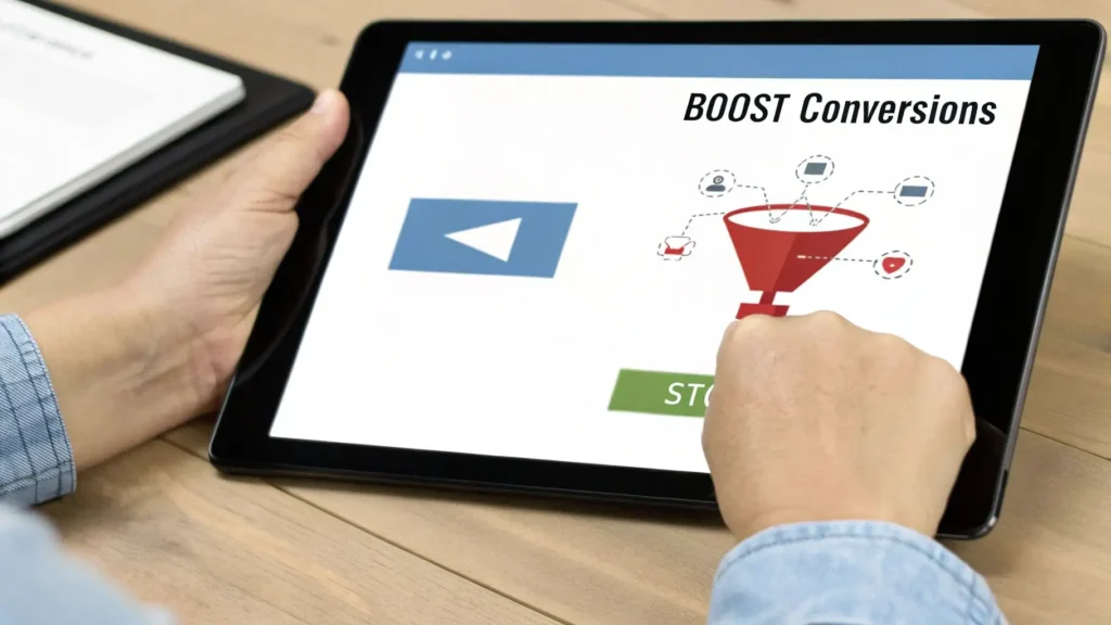 Person holding a tablet displaying a “Boost Conversions” screen with a marketing funnel graphic, play button icon, and start button on a wooden desk.