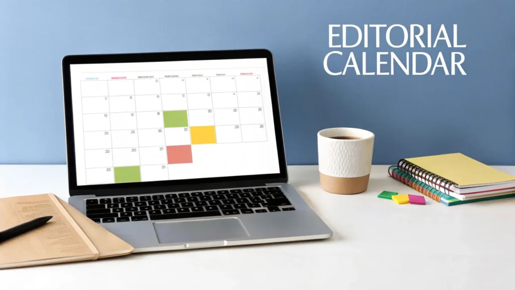 Laptop displaying a monthly editorial calendar with color-coded dates on screen, next to a coffee mug, notebook, and sticky notes on a desk against a blue background.