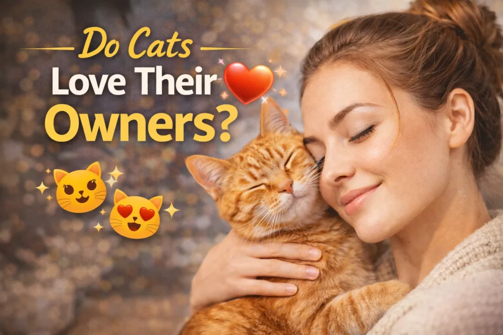 Discover: do cats love their owners and the science of feline bonds Woman cuddling an orange tabby cat with text asking if cats love their owners, thumbnail about cat and owner bond.
