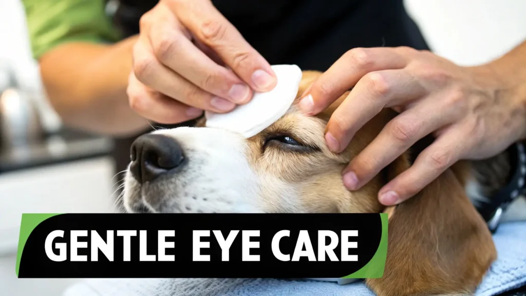 Dog Eye Discharge: The dog eye discharge Guide to Causes and Treatments Close-up of a person gently cleaning a dog’s eye with a cotton pad, illustrating proper at-home eye care for dogs with mild discharge.