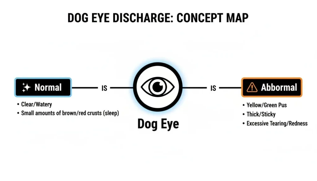 Dog Eye Discharge: The dog eye discharge Guide to Causes and Treatments Infographic titled “Dog Eye Discharge: Concept Map” showing normal dog eye discharge (clear or watery, small brown or red crusts) versus abnormal discharge (yellow or green pus, thick or sticky, excessive tearing or redness).