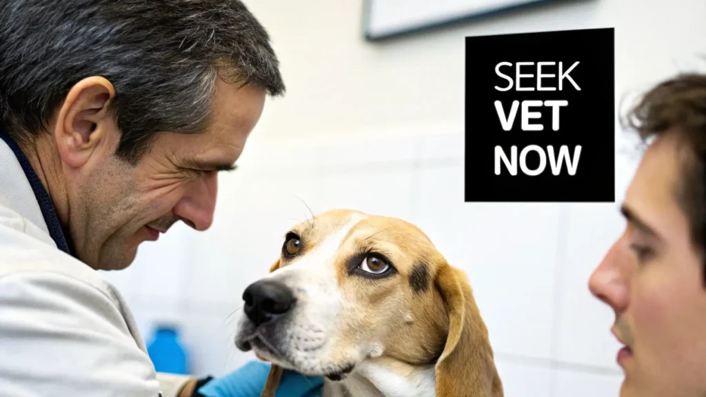 Dog Eye Discharge: The dog eye discharge Guide to Causes and Treatments Veterinarian examining a dog’s eye during a clinic visit with owner present, alongside text reading “Seek Vet Now,” emphasizing urgent veterinary care for eye discharge symptoms.