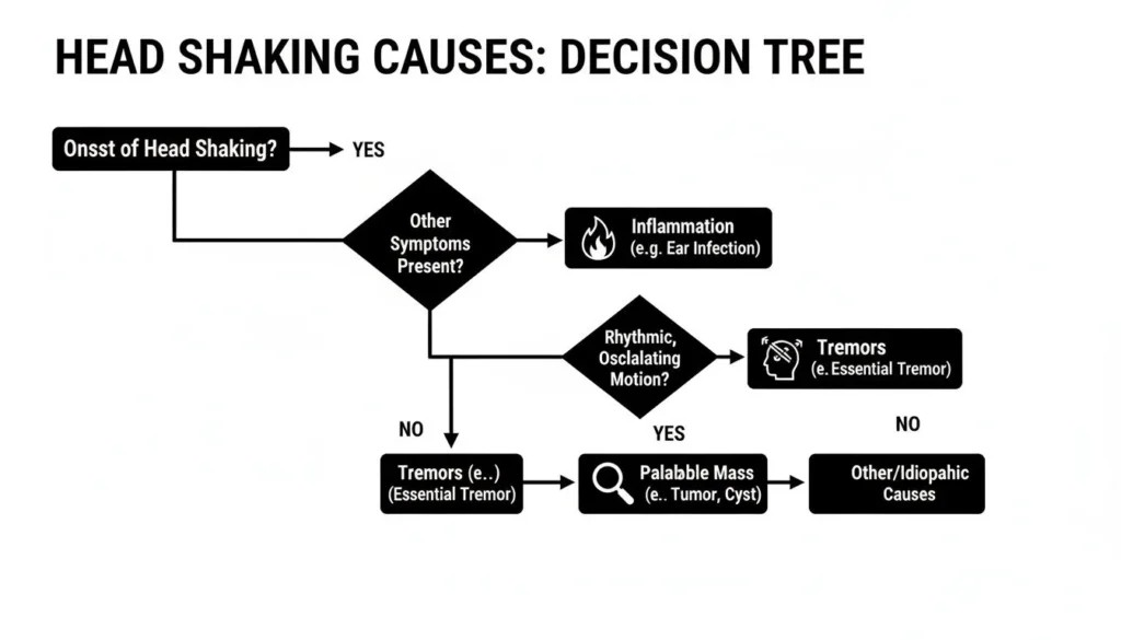 Infographic titled “Head Shaking Causes: Decision Tree” outlining possible reasons for head shaking, including inflammation (ear infection), tremors, palpable mass (tumor or cyst), and other idiopathic causes.