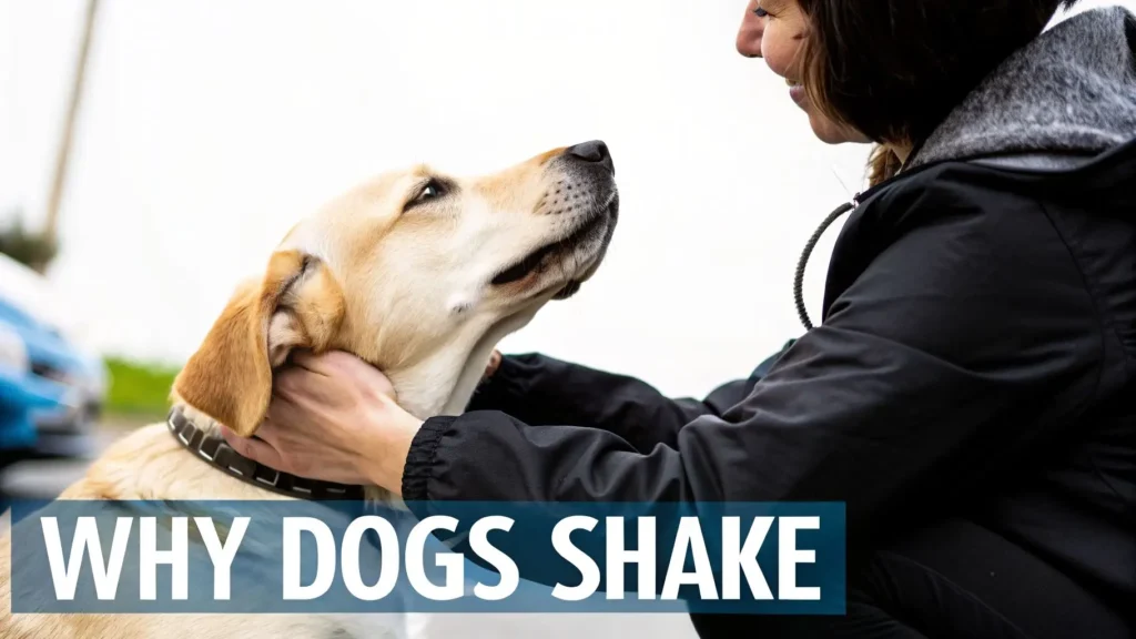 Woman gently holding and petting a Labrador dog outdoors, with “Why Dogs Shake” text overlay suggesting an article about reasons dogs shake or tremble.