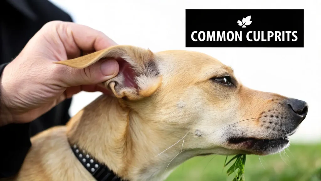 Close-up of a person lifting a dog’s ear to inspect inside, with “Common Culprits” text overlay highlighting possible causes of head shaking or ear irritation in dogs.
