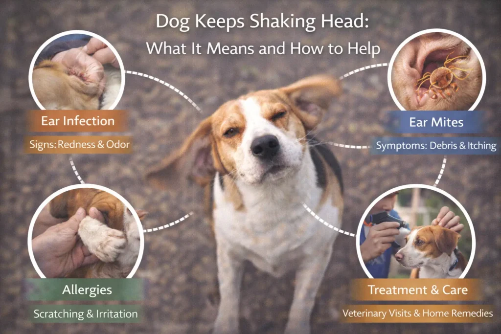 Dog Keeps Shaking Head: What It Means and How to Help Realistic cover image titled “Dog Keeps Shaking Head: What It Means and How to Help” showing a beagle shaking its head, with visual highlights of common causes such as ear infections, ear mites, allergies, and treatment and care options including veterinary visits and home remedies.