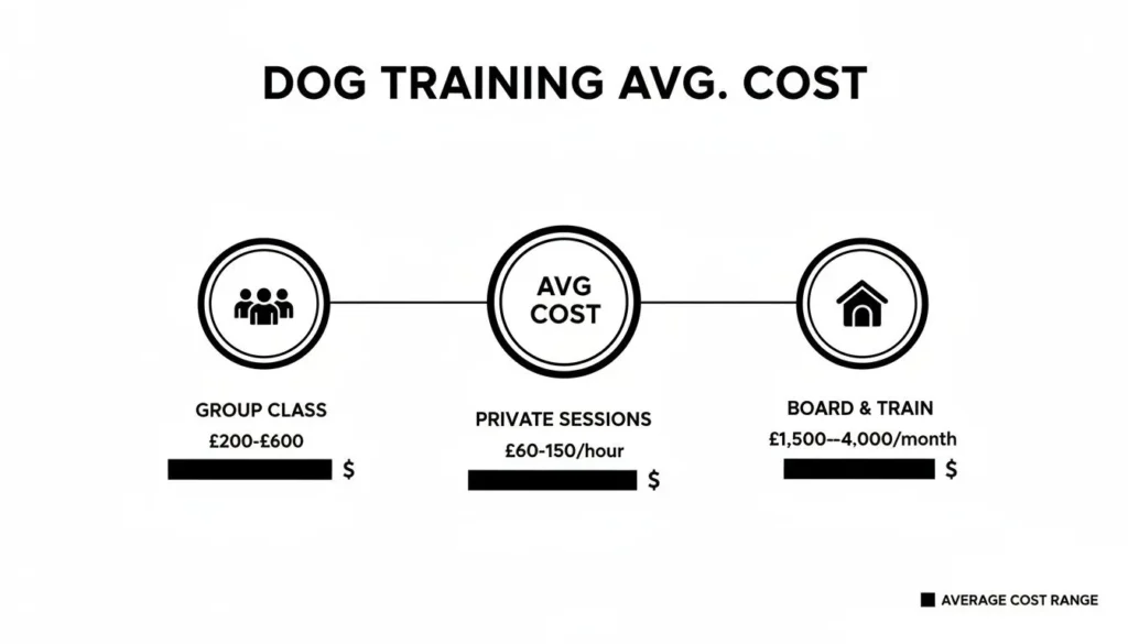 Your Guide to Understanding Dog Training Cost Infographic showing average dog training costs, including group classes (£200–£600), private sessions (£60–£150 per hour), and board and train programs (£1,500–£4,000 per month), with visual icons and cost range indicators.