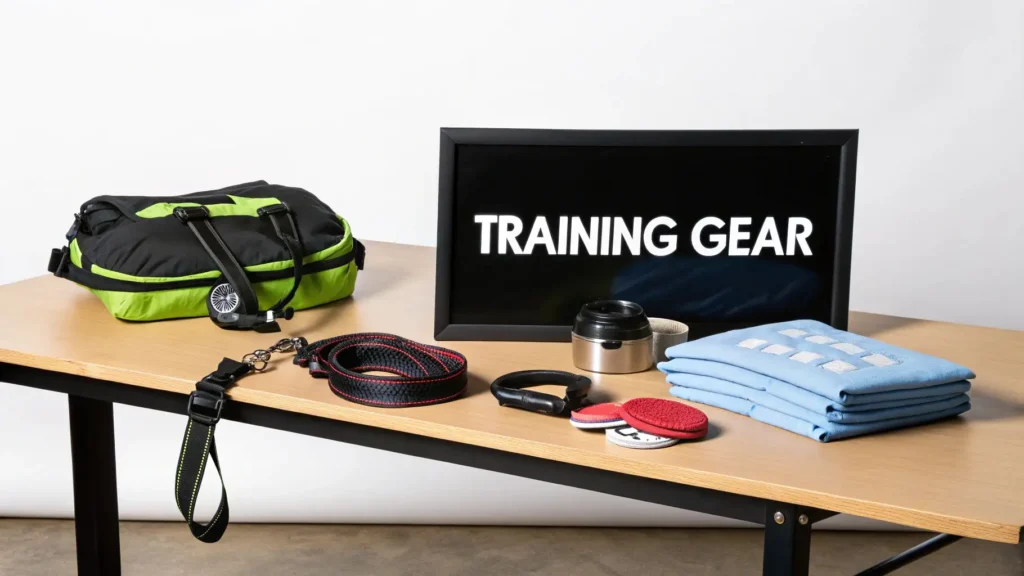 Your Guide to Understanding Dog Training Cost Dog training gear displayed on a table, including a leash, collar, treat pouch, clicker, training pads, folded towels, and a bag, with a sign reading “Training Gear.”