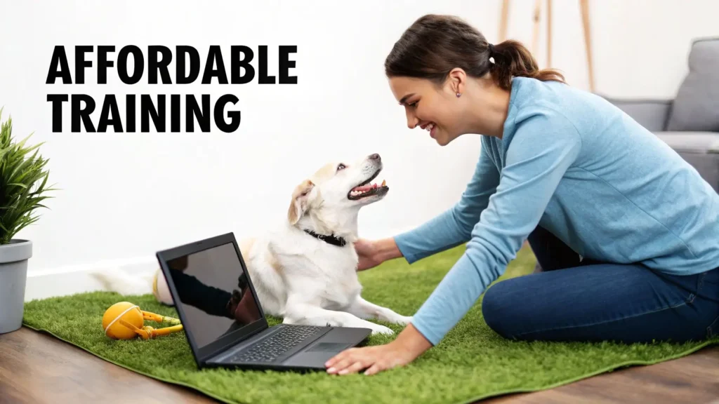 Your Guide to Understanding Dog Training Cost Woman training her dog at home on a green rug with a laptop, illustrating affordable dog training options.