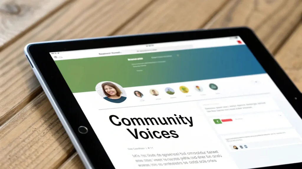 12 Essential Ecommerce Best Practices to Boost Growth in 2026 Tablet displaying a website section titled “Community Voices” with user profile images and discussion content, illustrating online community engagement and customer feedback.