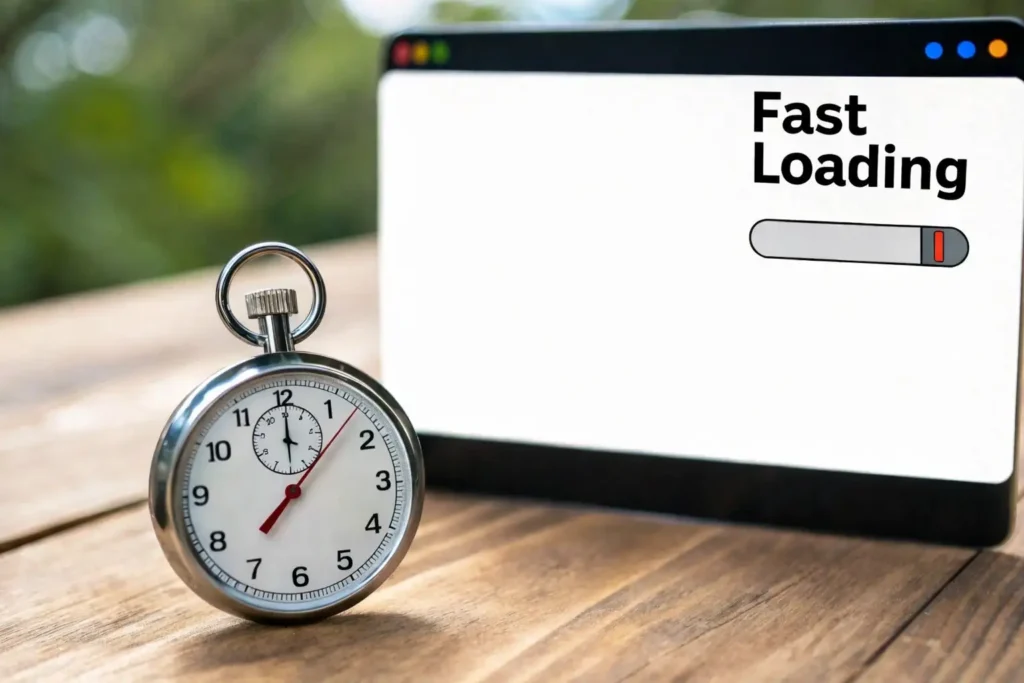 12 Essential Ecommerce Best Practices to Boost Growth in 2026 Stopwatch placed in front of a tablet screen displaying “Fast Loading” with a progress bar, representing website speed optimization and improved page load performance.