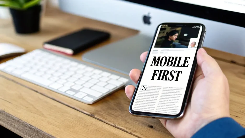 12 Essential Ecommerce Best Practices to Boost Growth in 2026 Hand holding a smartphone displaying a website with the headline “Mobile First,” placed on a desk with a keyboard and computer in the background, illustrating mobile-first web design and responsive development.