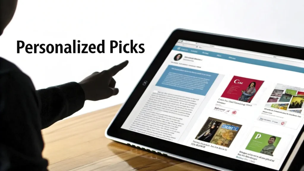 12 Essential Ecommerce Best Practices to Boost Growth in 2026 Person pointing at a tablet displaying a website with curated articles and products under the heading “Personalized Picks,” illustrating personalized content and recommendation systems.