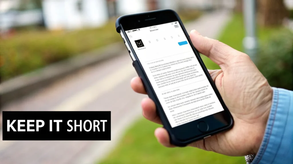 Hand holding a smartphone displaying an email message outdoors, with “Keep It Short” text overlay emphasizing concise email subject line best practices.