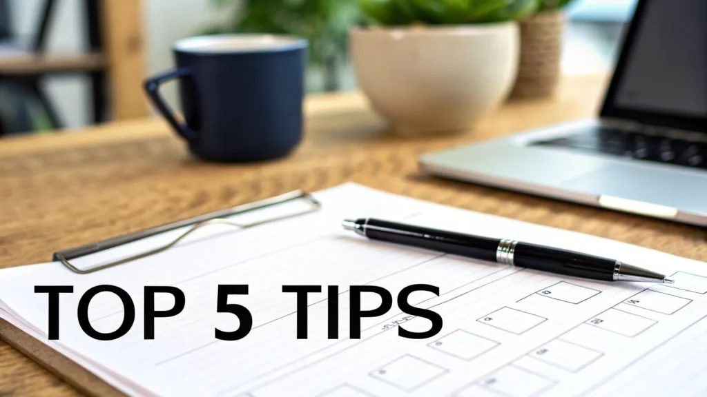 Desk workspace with clipboard checklist, pen, eyeglasses, coffee mug, and laptop, featuring “Top 5 Tips” text to represent practical email marketing or productivity advice.