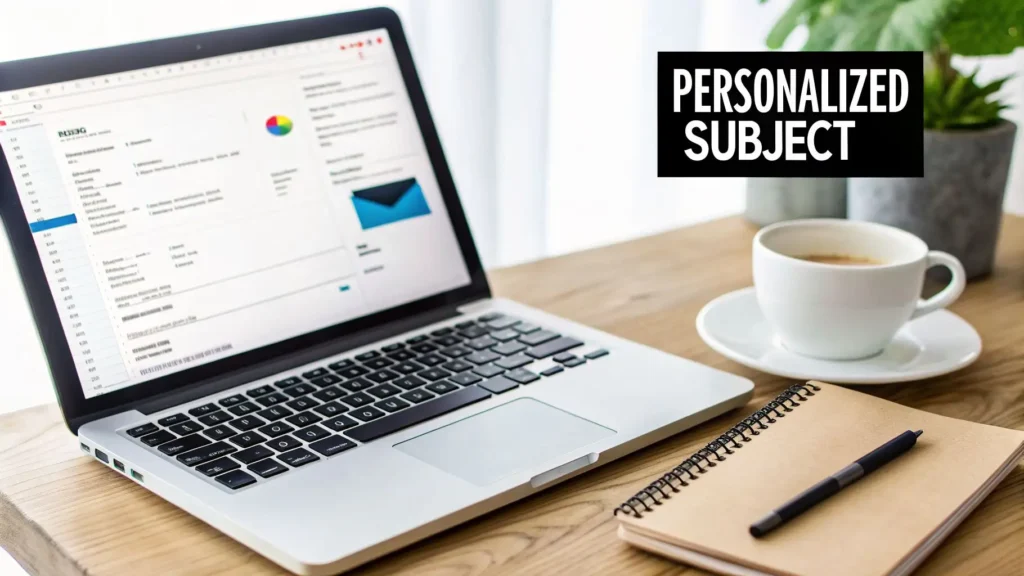 Laptop displaying an email inbox on a desk with a coffee cup and notebook beside it, featuring “Personalized Subject” text to illustrate email marketing subject line optimization.