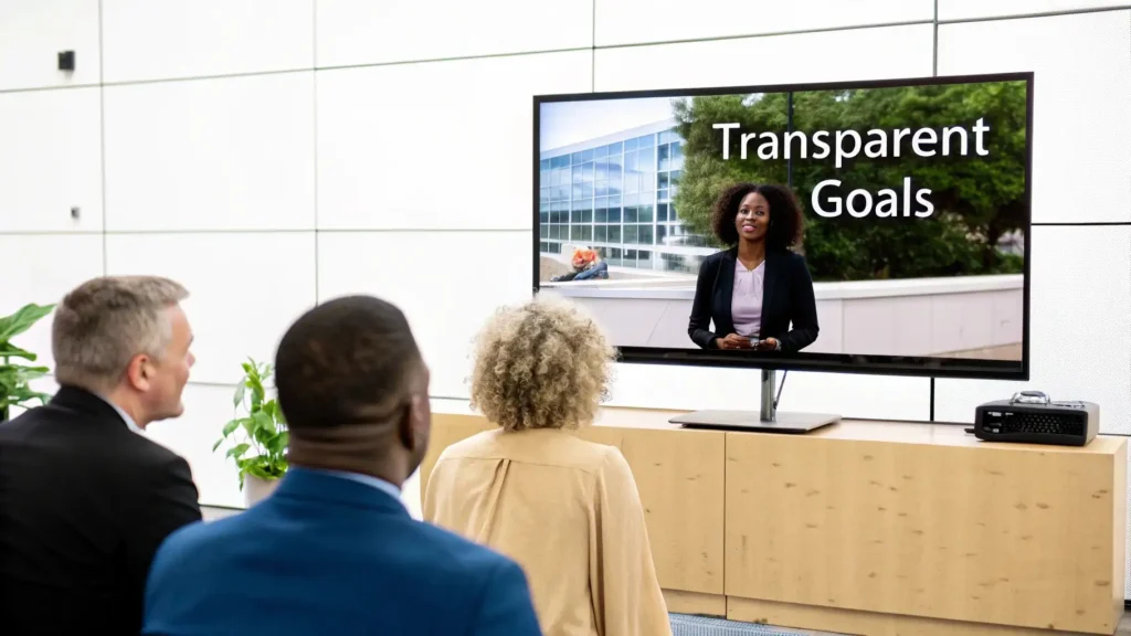 Business team watching a presentation on a large screen showing a speaker and the text “Transparent Goals” during a corporate meeting.