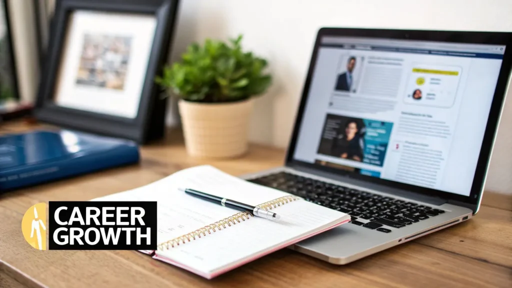 Laptop on a desk with an open notebook and pen beside it, displaying an online professional profile, with the text “Career Growth” in the corner.