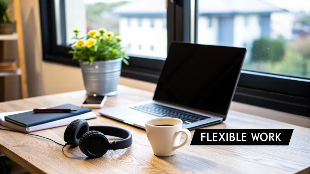 Home office desk with laptop, headphones, notebook, coffee cup, and potted plant near a window, with the text “Flexible Work,” representing remote or hybrid work setup.