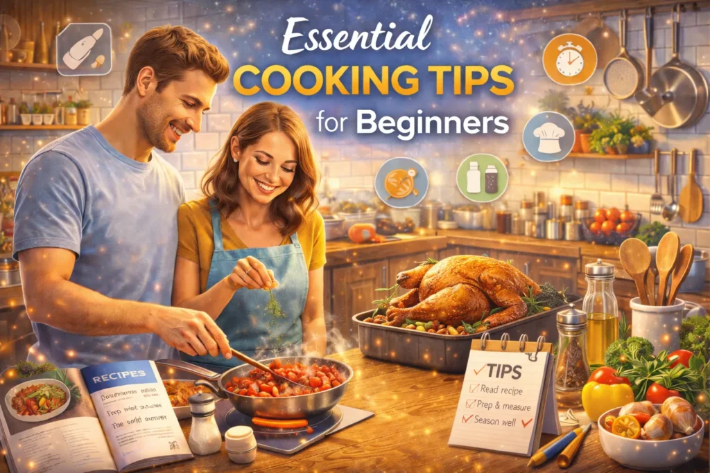 Essential Cooking Tips for Beginners cover image showing couple cooking in modern kitchen, stirring tomato sauce, adding herbs, roasted turkey in pan, fresh vegetables, and beginner-friendly kitchen tips checklist.