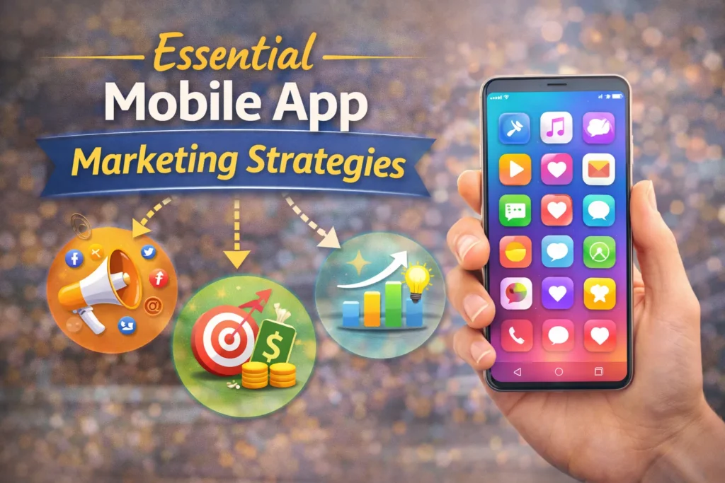 10 Essential Mobile App Marketing Strategies for Explosive Growth in 2026 Hand holding smartphone with app icons and graphics illustrating essential mobile app marketing strategies and growth tactics.