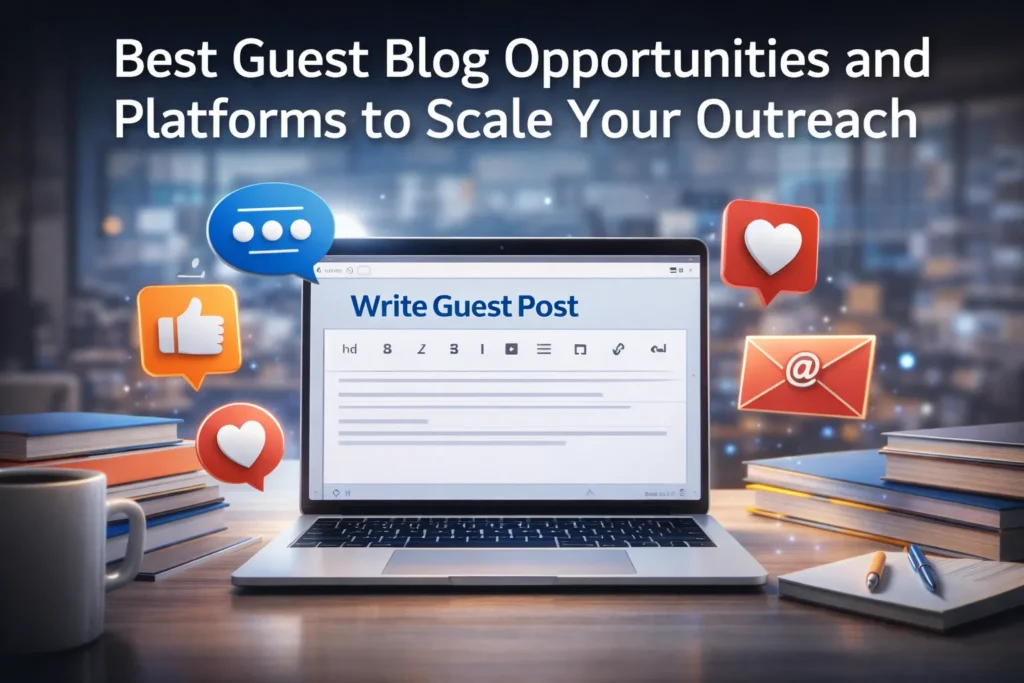 Guest blogging and outreach concept image featuring a laptop displaying “Write Guest Post,” surrounded by social media icons, email symbol, books, and workspace elements, representing content marketing, backlink building, and scalable outreach platforms for bloggers and marketers.