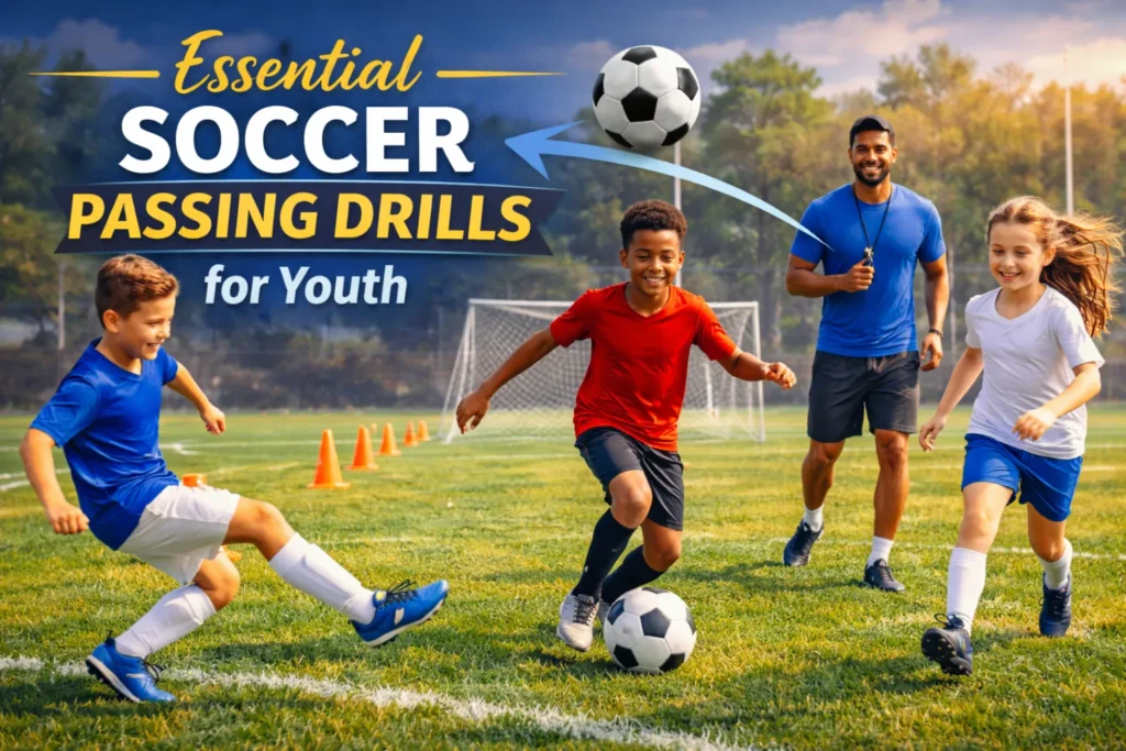 8 Essential Soccer Passing Drills for Youth to Master in 2026 Kids practicing soccer passing drills with cones on a field while a coach guides them, thumbnail for youth soccer training tips.