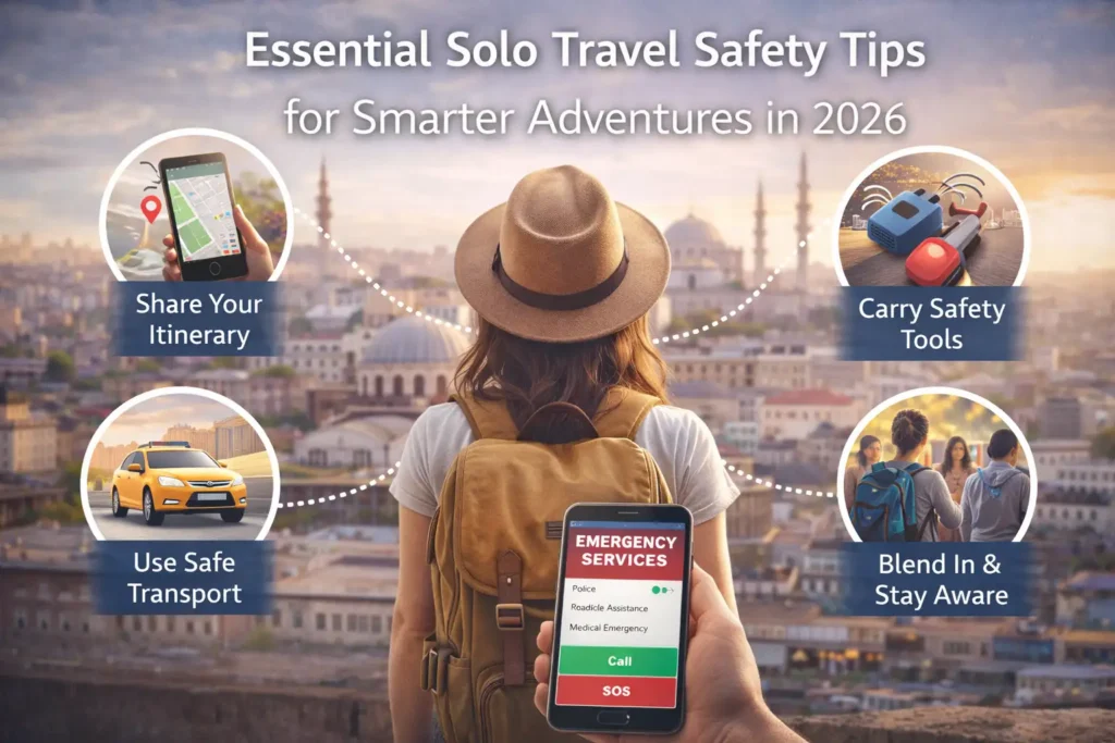 10 Essential Solo Travel Safety Tips for Smarter Adventures in 2026 Realistic cover image titled “Essential Solo Travel Safety Tips for Smarter Adventures in 2026” showing a solo traveler with a backpack overlooking a city skyline, surrounded by visual tips including sharing your itinerary, carrying safety tools, using safe transport, and blending in while staying aware.