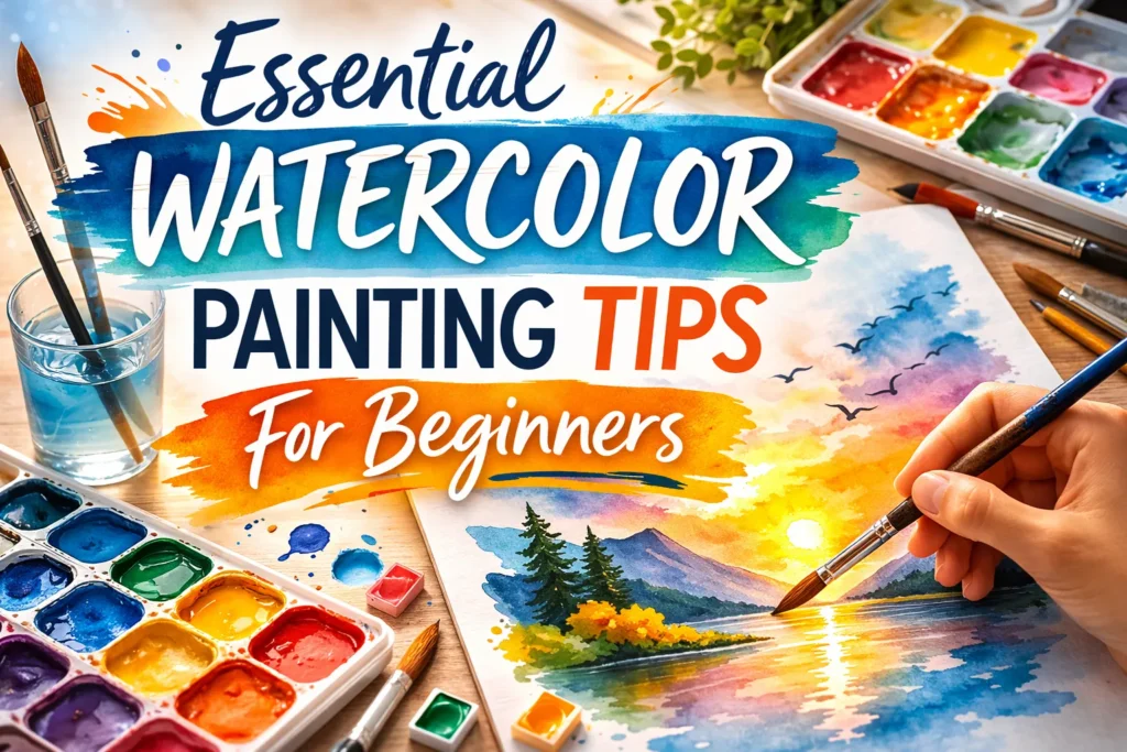 10 Essential Watercolor Painting Tips for Beginners in 2026 Watercolor painting workspace with brushes, palette, and hand painting a colorful landscape illustrating essential watercolor tips for beginners.
