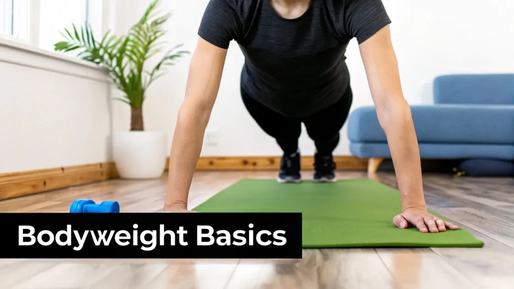 Person performing a bodyweight plank exercise on a yoga mat at home with the text “Bodyweight Basics,” representing beginner fitness routines, strength training, and home workouts.