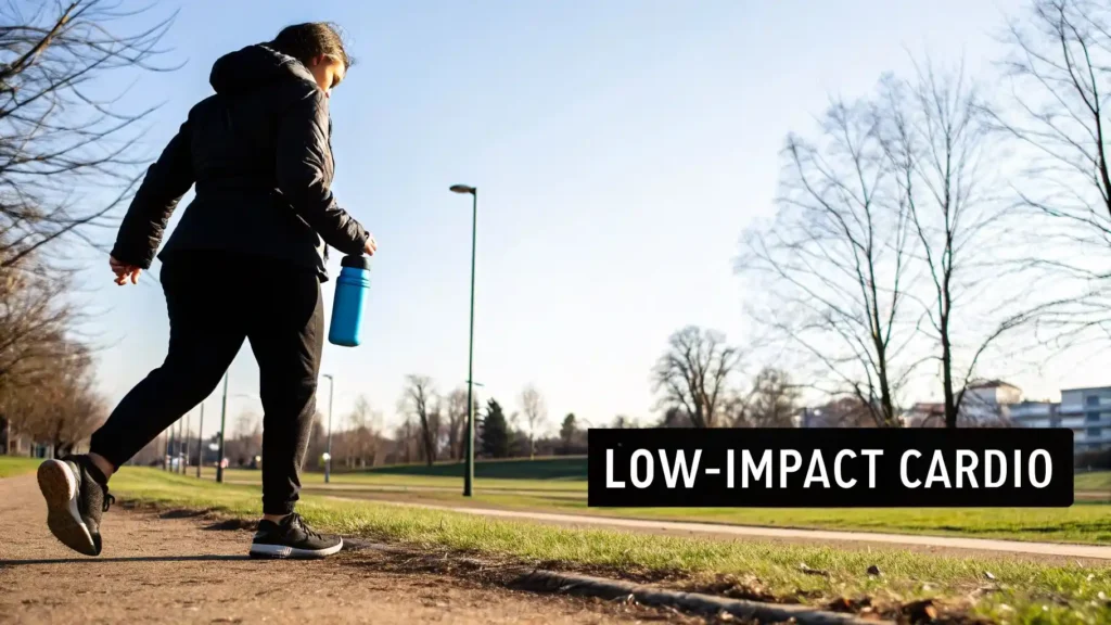 Person walking outdoors on a park path holding a water bottle with the text “Low-Impact Cardio,” representing gentle exercise, beginner-friendly fitness, and healthy daily movement.