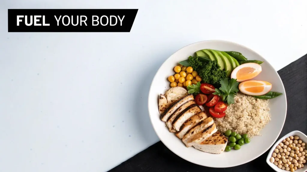 Healthy balanced meal bowl with grilled chicken, quinoa, eggs, avocado, and vegetables, alongside the text “Fuel Your Body,” representing nutritious eating, fitness nutrition, and healthy lifestyle habits.