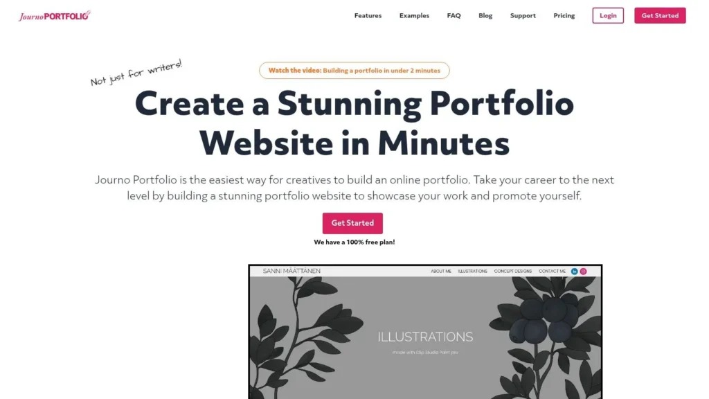 Journo Portfolio landing page promoting an easy portfolio website builder with headline “Create a Stunning Portfolio Website in Minutes,” call-to-action button, and example portfolio preview.