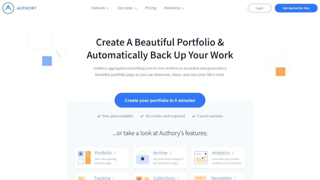 Authory website homepage promoting a writing portfolio platform with headline about creating a beautiful portfolio and automatic backups, plus a “Create your portfolio in 5 minutes” call-to-action button.