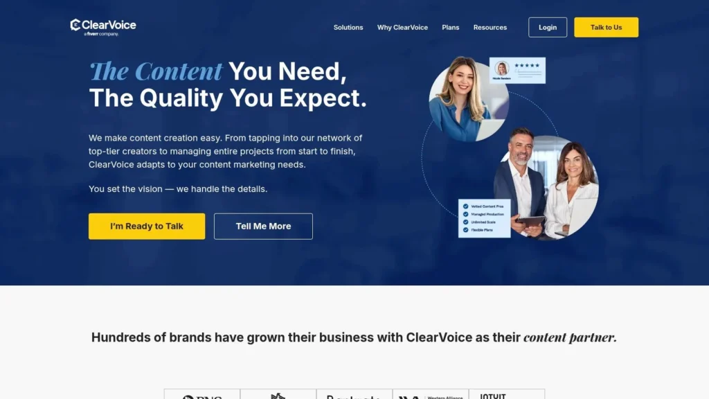 ClearVoice website homepage highlighting content marketing services with headline “The Content You Need, The Quality You Expect,” call-to-action buttons, and images of professional content creators.