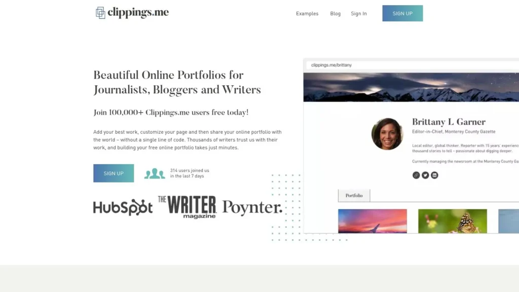 Clippings.me homepage promoting beautiful online portfolios for journalists, bloggers, and writers, featuring a sample writer profile and sign-up call to action.