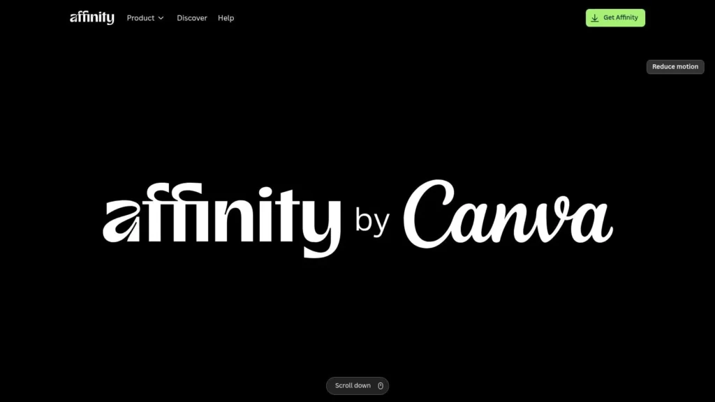 Affinity by Canva homepage with a black background featuring the large “affinity by Canva” logo centered on screen and a “Get Affinity” download button in the top right corner.