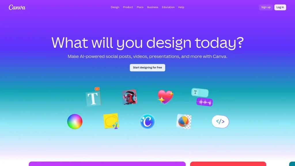 Canva homepage with a purple-to-blue gradient background and the headline “What will you design today?” promoting AI-powered tools for creating social posts, videos, and presentations, with a “Start designing for free” button and floating design feature icons.